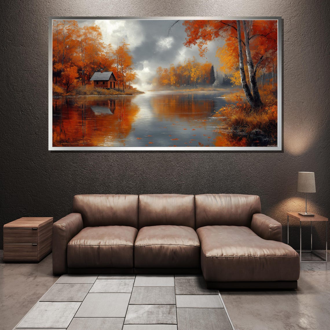 Autumn Lake Birch Trees and Cabin Fall Reflection Scenic Poster - Image 4
