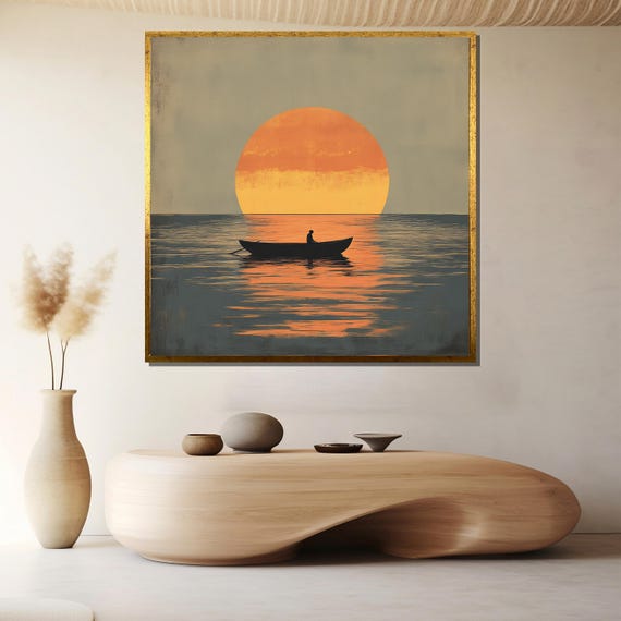 Solitary Sunset Boat Painting Serene Wall Art Gift For Living Room Or Minimalist White Inspired Interior Spaces