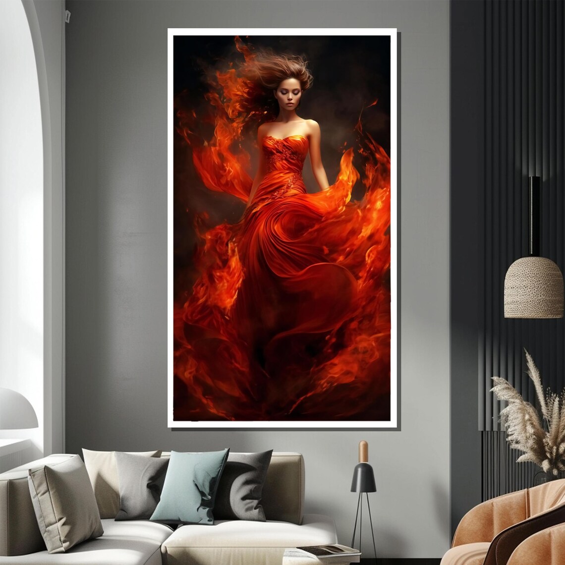 Dramatic Fiery Woman In Flaming Red Dress Against Smoke Poster - Image 3