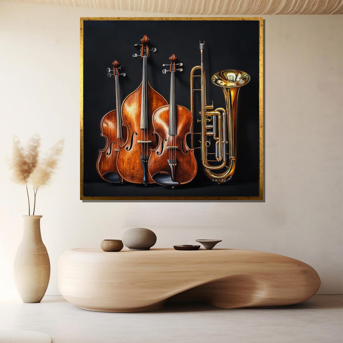 Elegant Violin Cello and Brass Orchestra Instruments Painting Poster