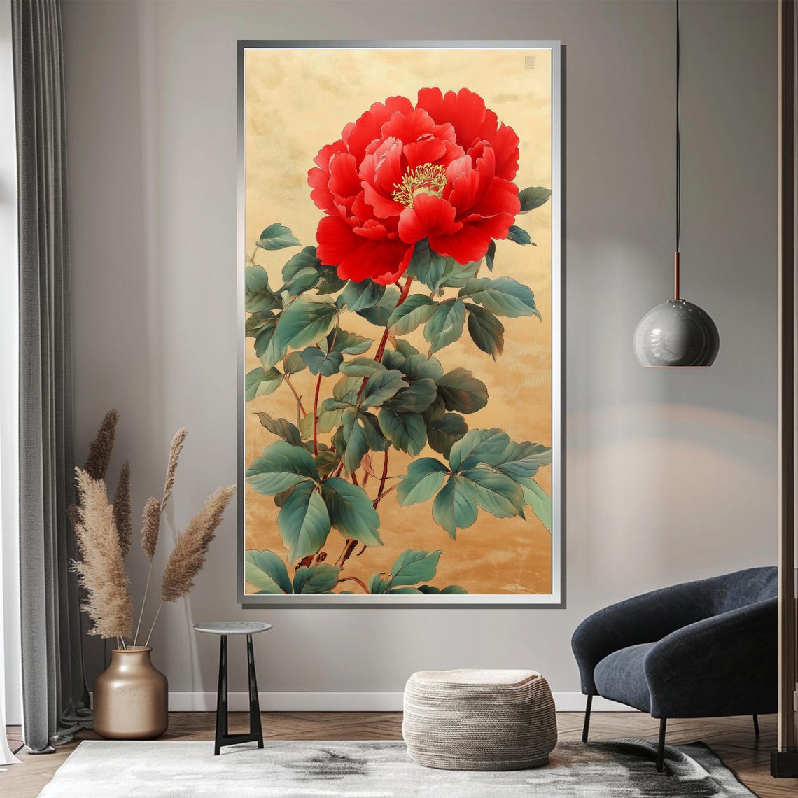 Majestic Red Peony Bloom on Shimmering Gold Leaf Botanical Poster - Image 3