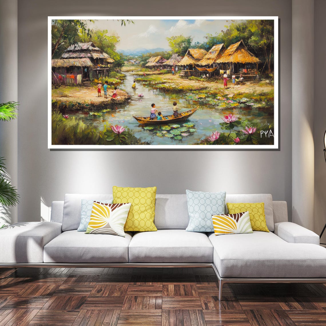 Village Life By The River Lotus Blossoms Thatched Huts Poster - Image 2