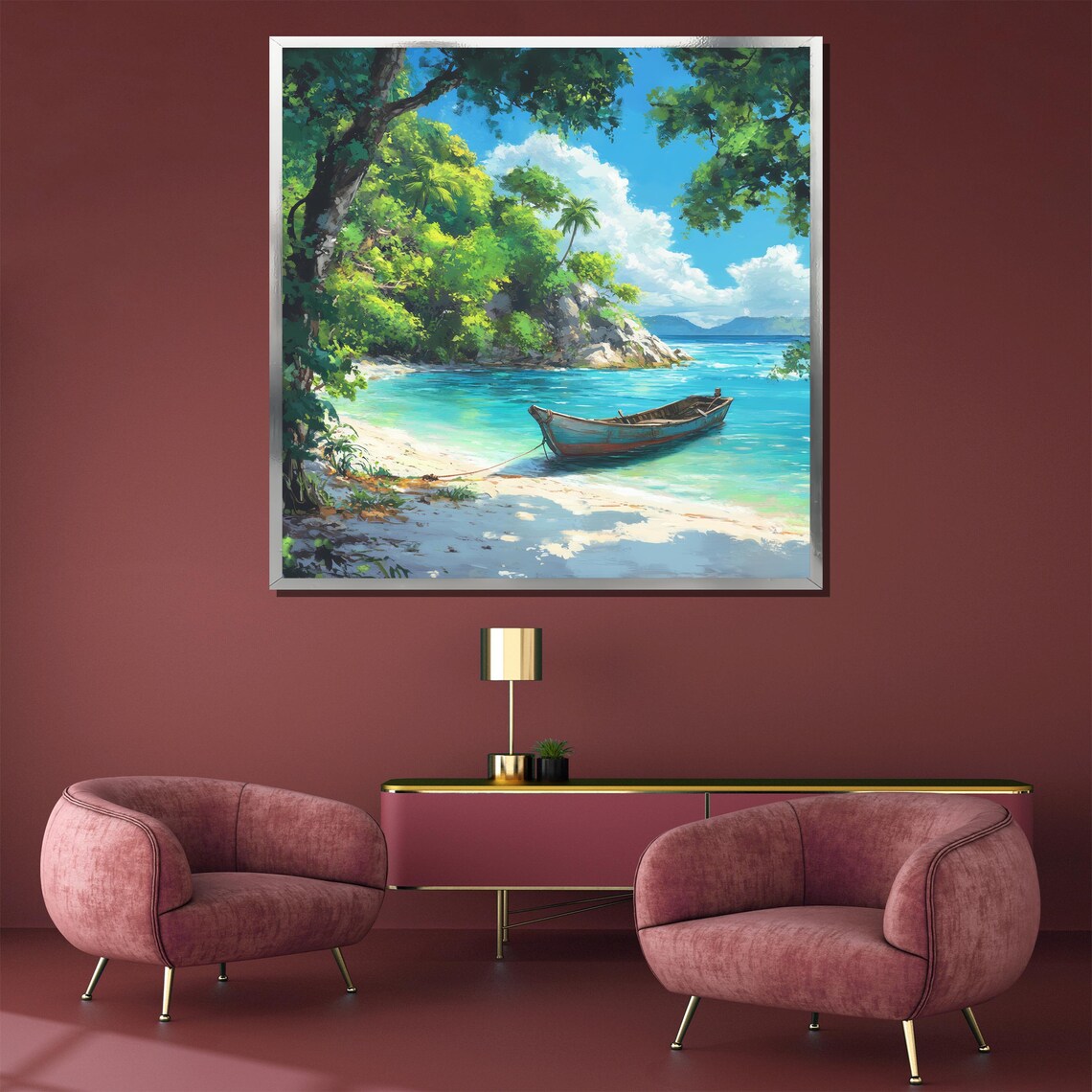 Tropical Cove Wooden Boat Turquoise Lagoon Scene Island Poster - Image 3