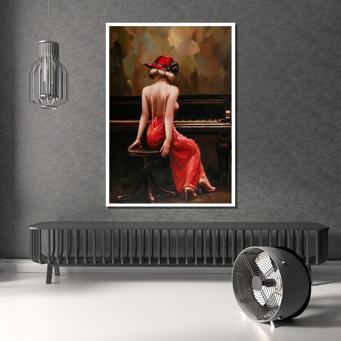 Elegant Woman Red Dress at Piano Oil Painting Portrait Poster - Image 3