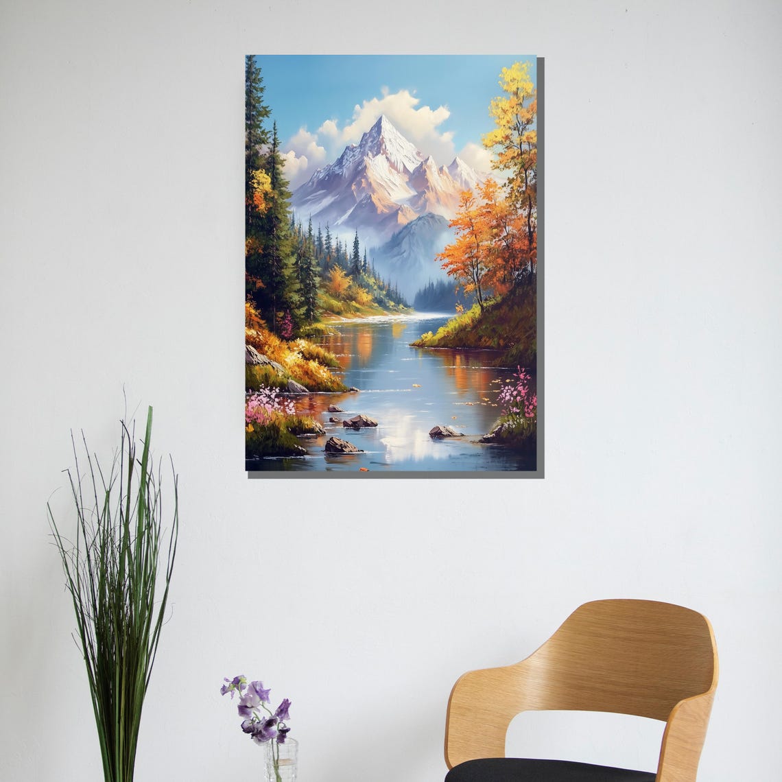 Mountain Landscape Painting Vibrant Nature Wall Art River And Forest Scene Gift For Home Decor - Image 2