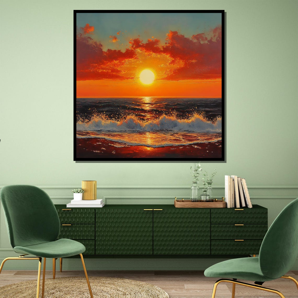 Fiery Orange Sunset Ocean Waves Dramatic Sky Scene Seascape Poster - Image 4