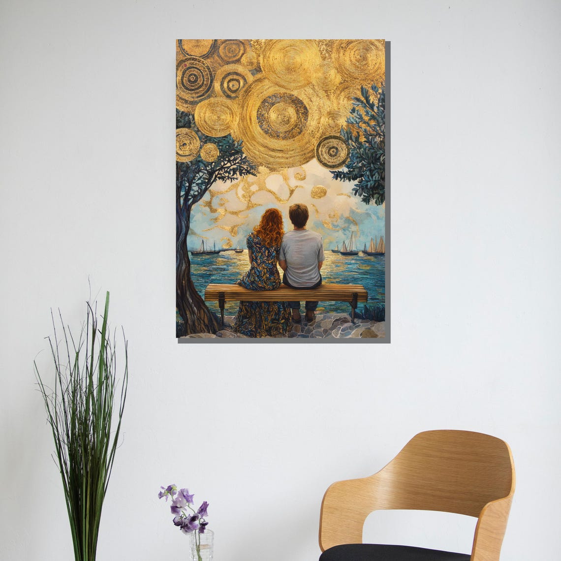Golden Sunset Couple On Bench Watching Sailboats Sky Art Poster - Image 2
