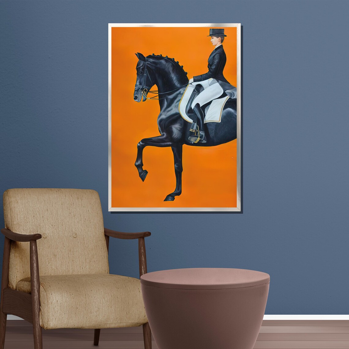 Equestrian Dressage Rider Black Horse Bold Orange Background Poster - Image 5