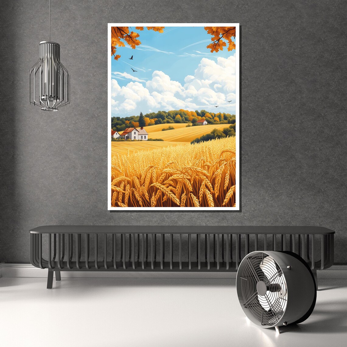 Golden Wheat Fields With Red Roof Farmhouses Country Art Poster - Image 2