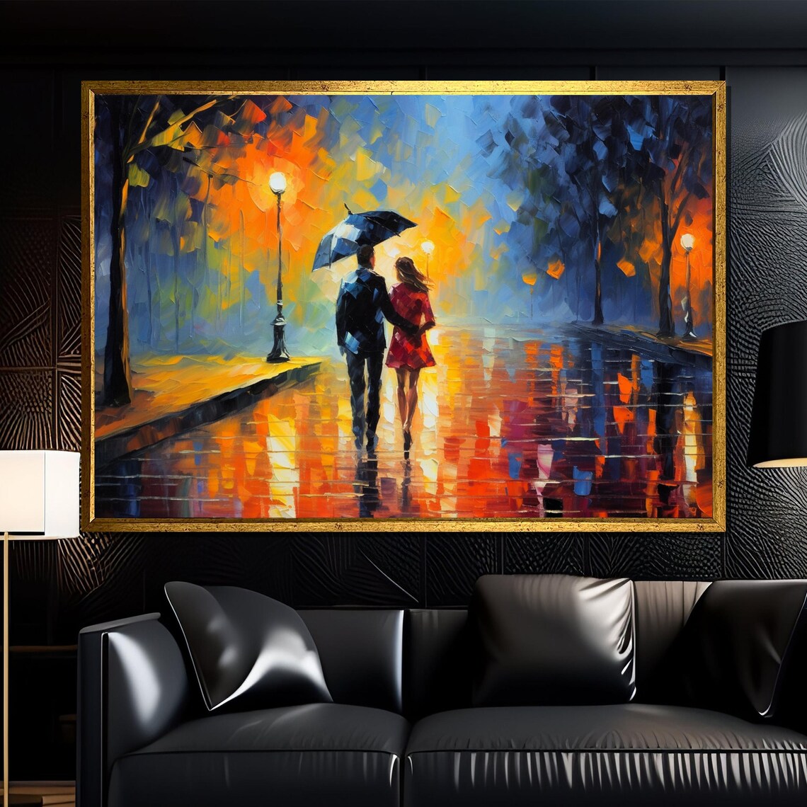 Romantic Couple Under Umbrella On A Rainy Night Street Poster
