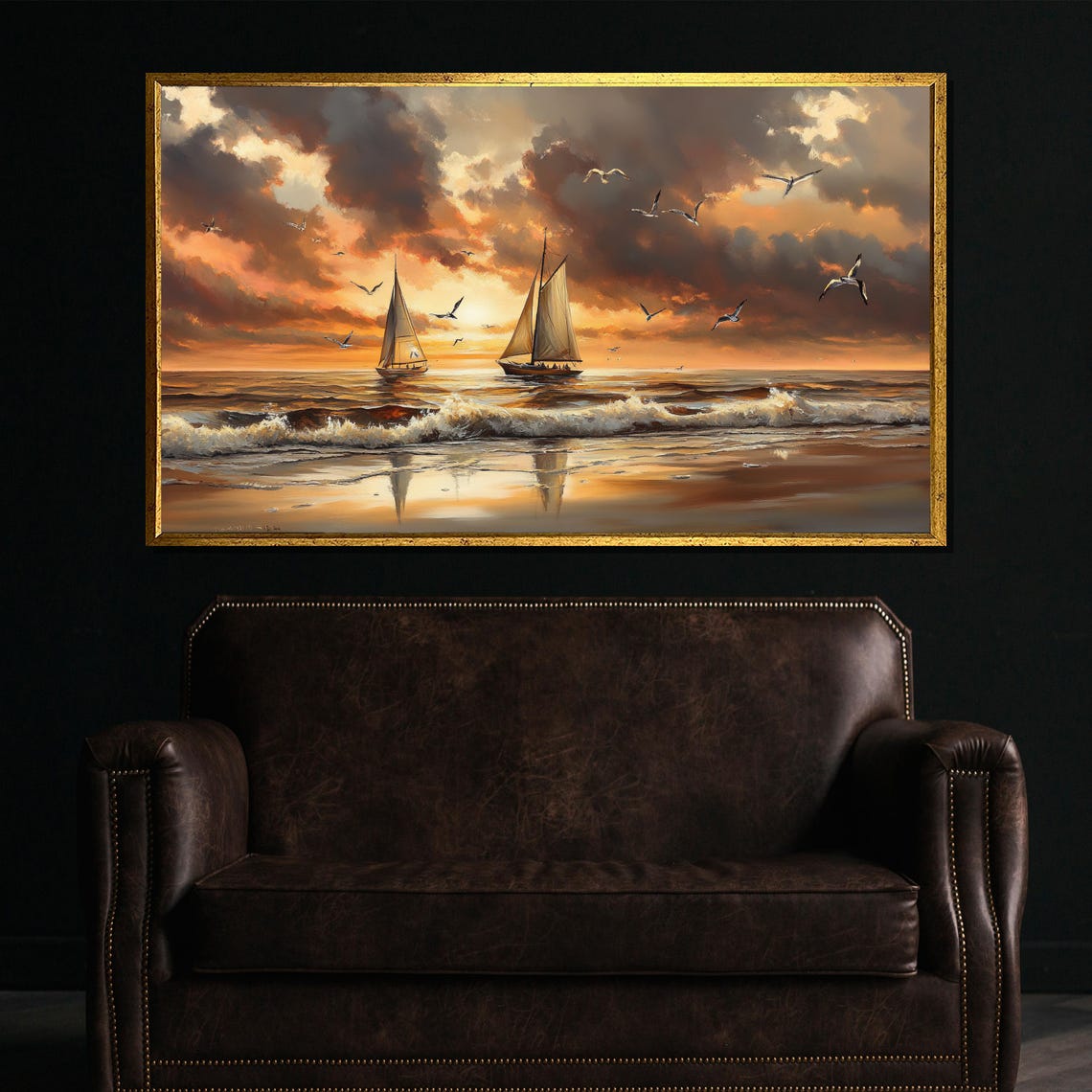 Sailboats At Sunset Over Golden Ocean Waves Seagulls Marine Poster