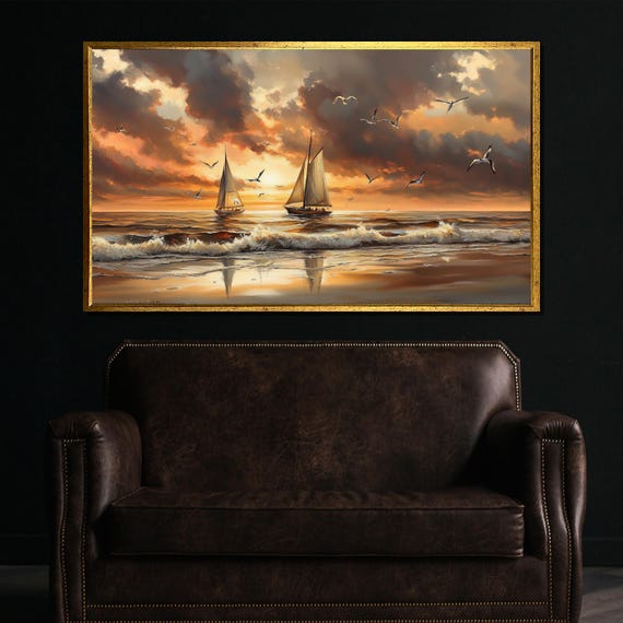 Sailing Sunset Wall Art Large Framed Ocean Waves And Sailboats Painting Coastal Nautical Decor Gift For Sea Lovers