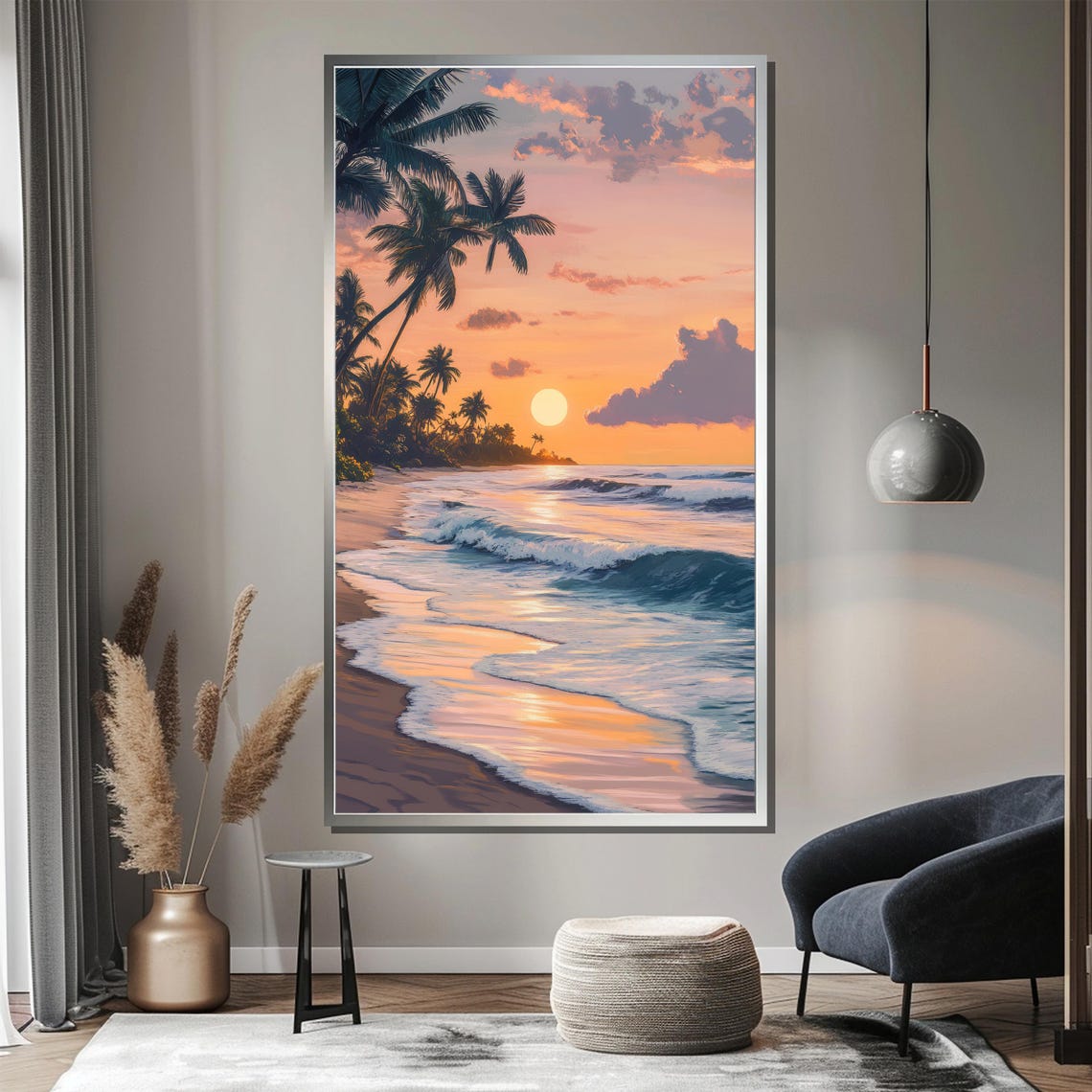 Serene Tropical Sunset Beach With Palm Trees Ocean Waves Poster - Image 3