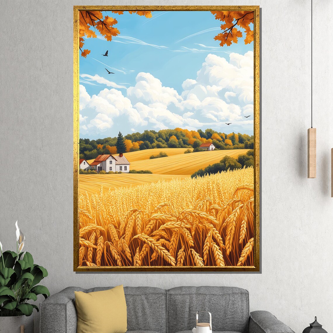 Golden Wheat Fields With Red Roof Farmhouses Country Art Poster