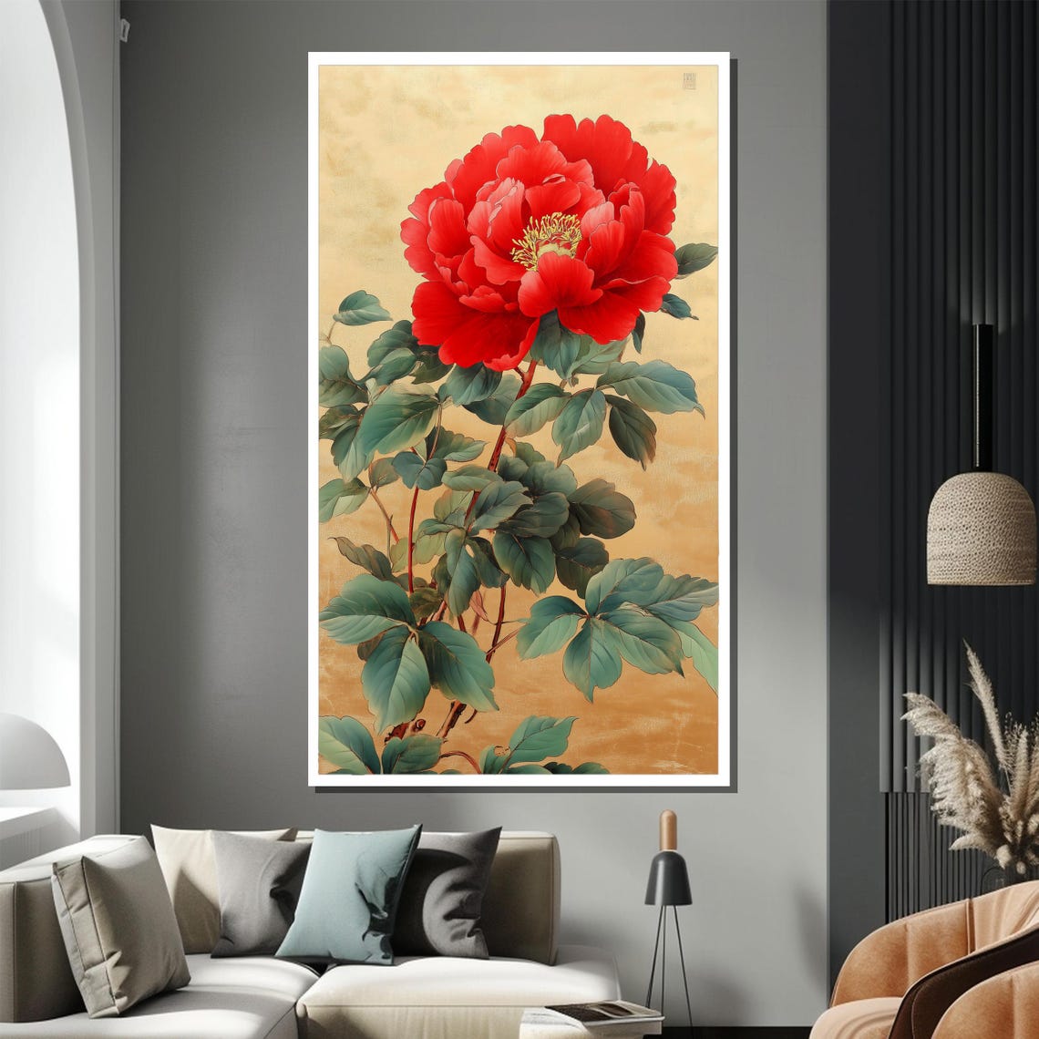 Majestic Red Peony Bloom on Shimmering Gold Leaf Botanical Poster - Image 2