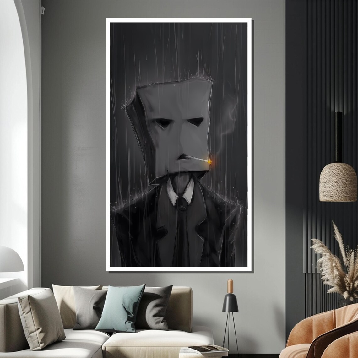 Mysterious Masked Man Smoking In The Rain Noir Painting Poster - Image 2