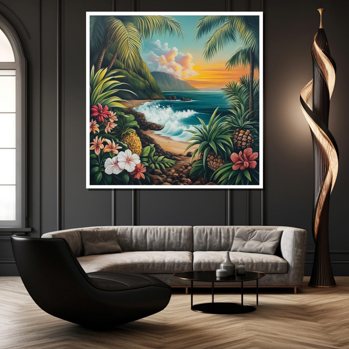 Hawaiian Sunset Palms Pineapples Hibiscus Beach Tropical Poster - Image 2
