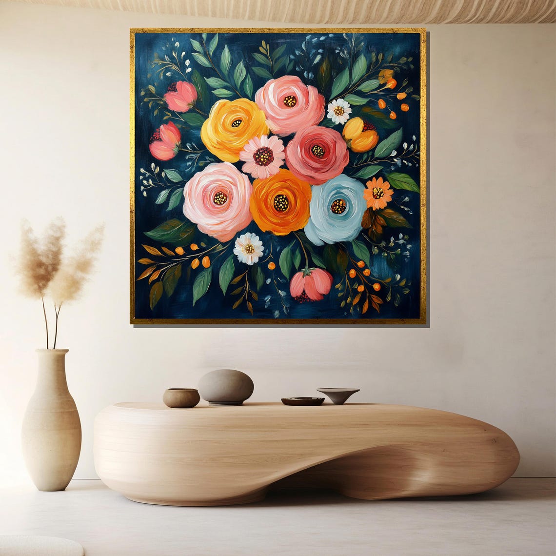 Vibrant Ranunculus Bouquet On Deep Navy Night Floral Art Poster