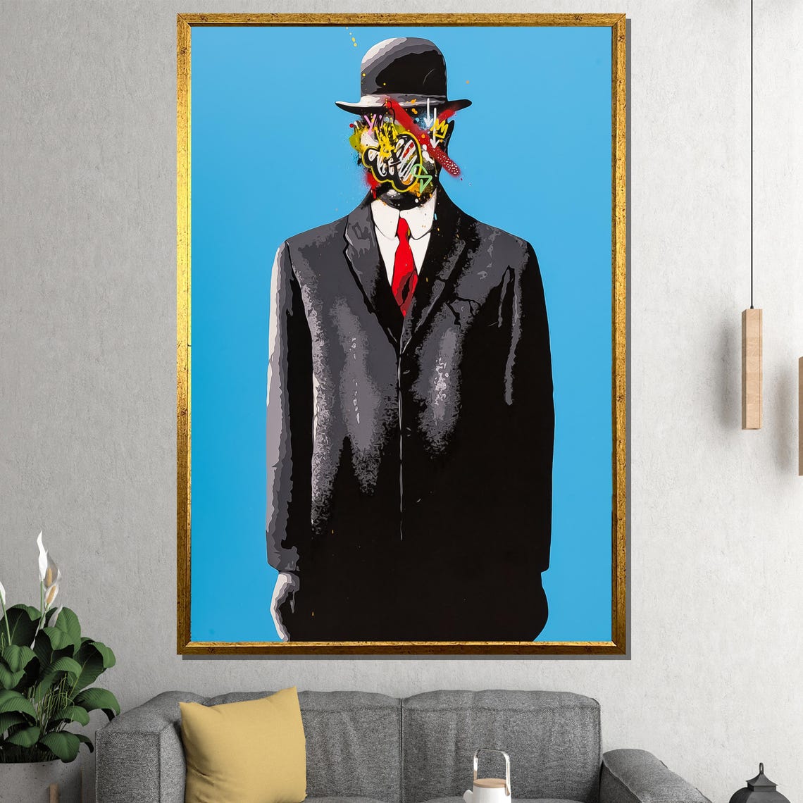 Bowler Hat Man With Graffiti Face on Bright Blue Pop Art Poster