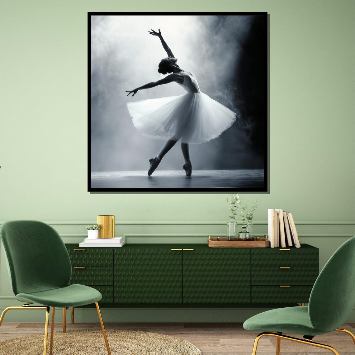 Monochrome Ballerina in a White Tutu on a Smoky Stage Poster - Image 4
