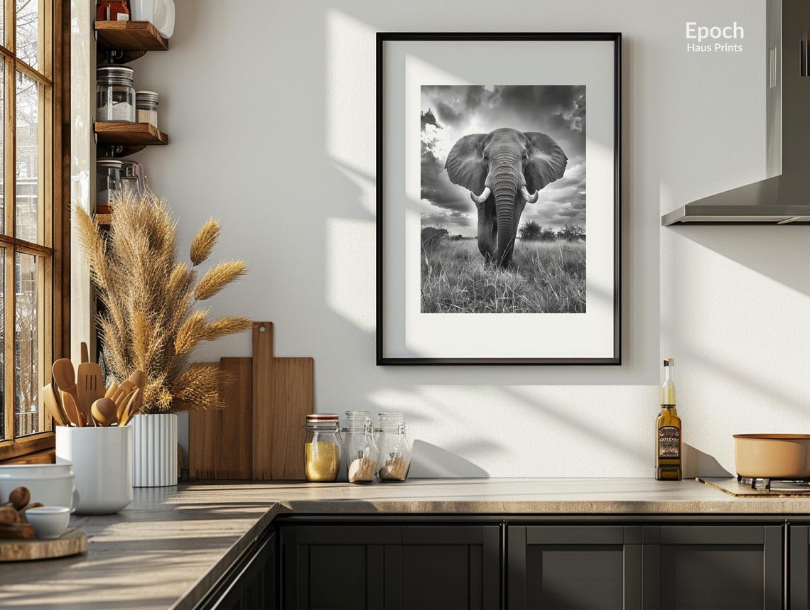 African Elephant in Black and White, Animal Art Print - Image 3