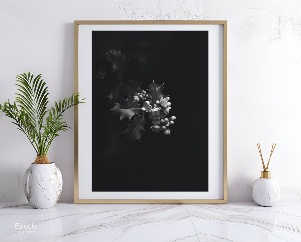 Holly Flower Bouquet, Black And White Floral Art Print