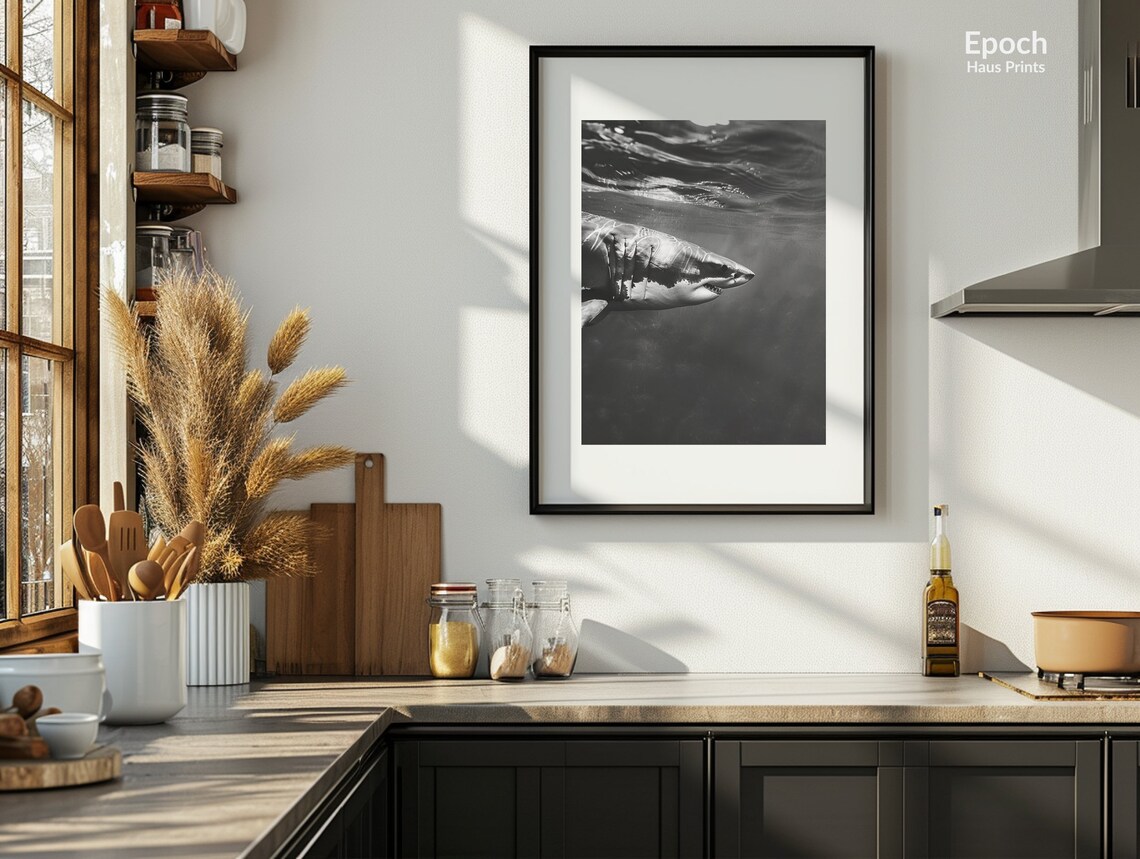 Great White Shark Near Surface Black And White Ocean Photo Poster - Image 2