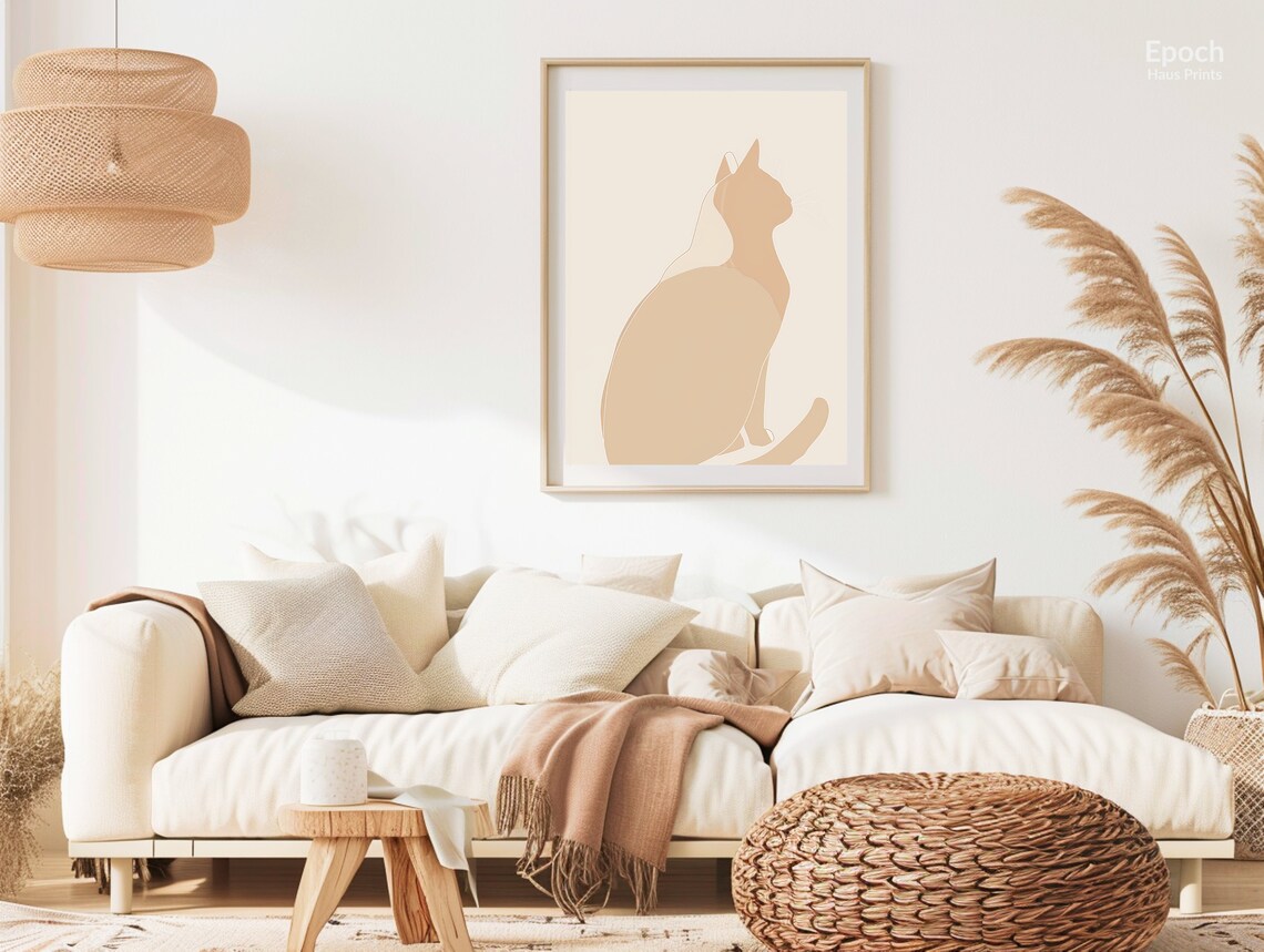 Seated Cat Profile Minimalist Beige Line Drawing Fine Art Poster - Image 3