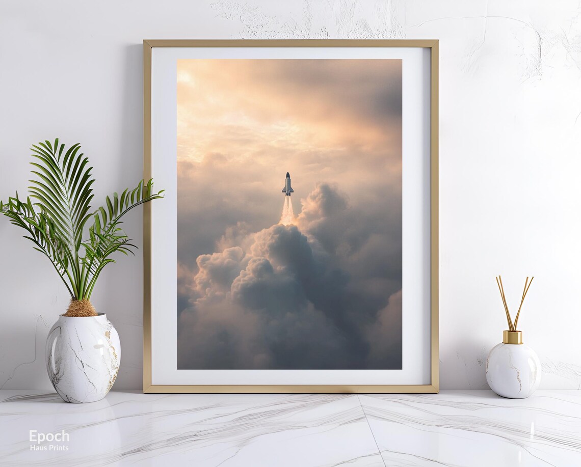 Space Shuttle Ascending Through Golden Sunrise Cloud Banks Wall Art - Image 2