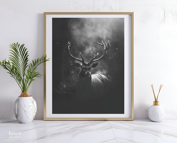 Male Deer Buck Stag, Black And White Photo Print