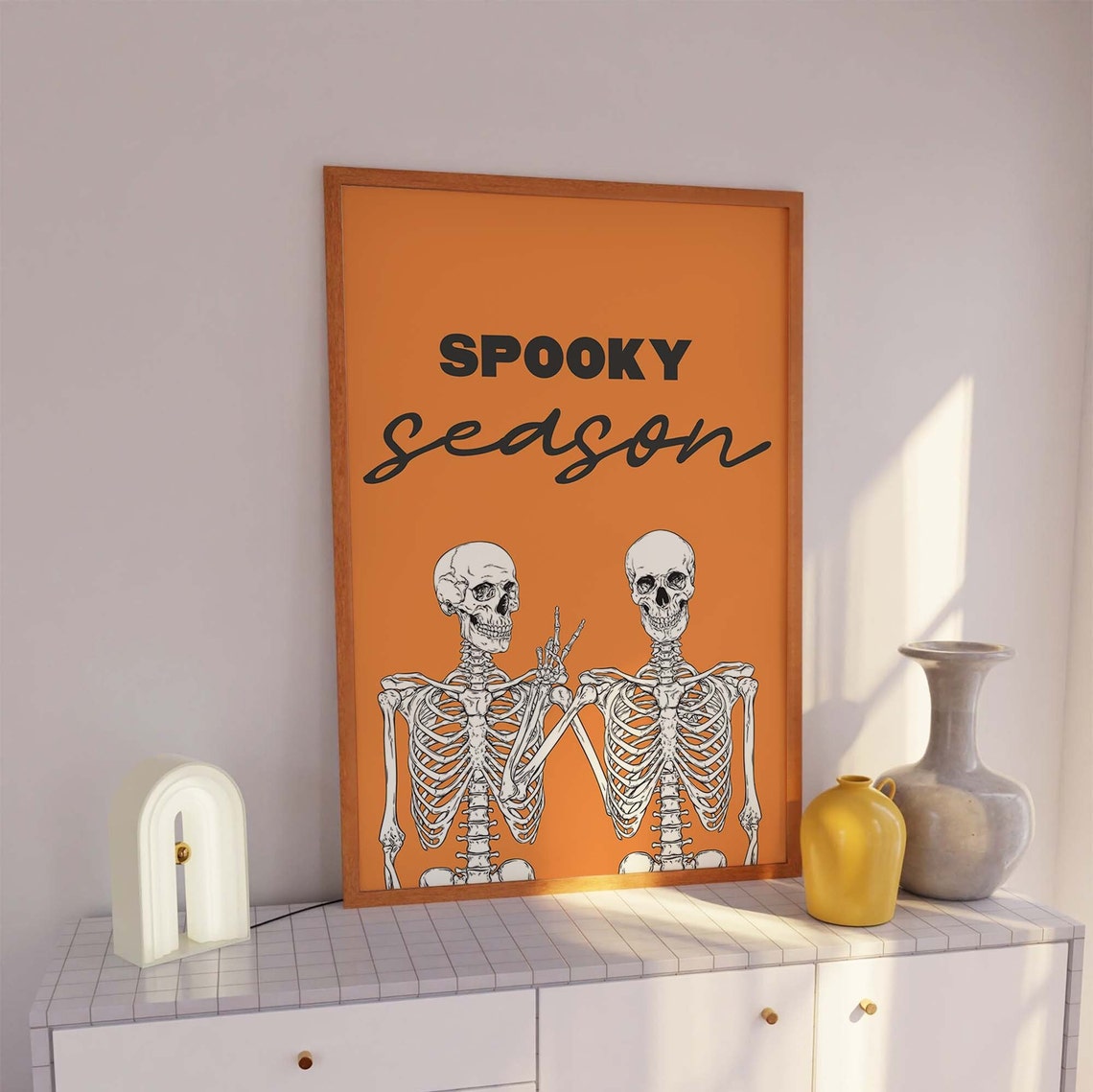 Spooky Season Skeleton Print Art Cute Orange Halloween Wall Decor Trendy Halloween Wall Art - Image 7