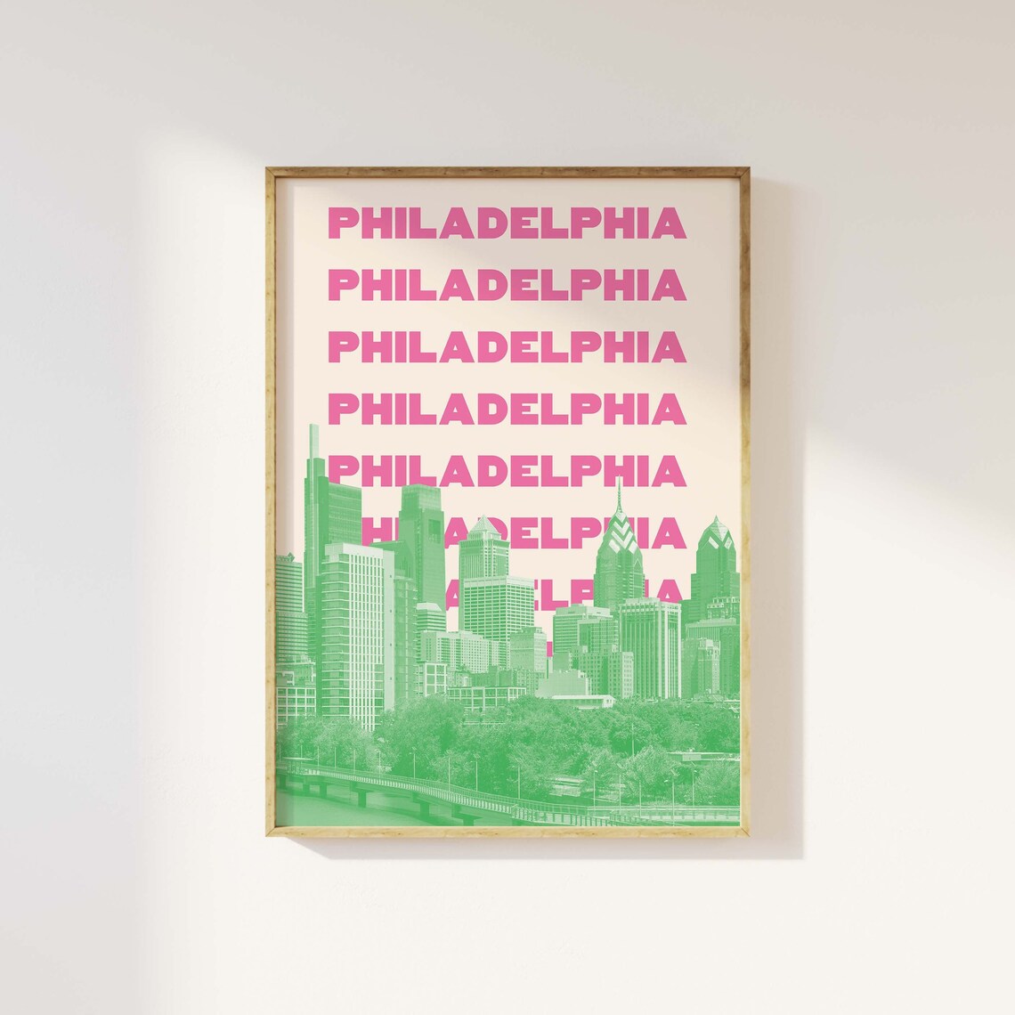Philadelphia Skyline Pink Green City Art Poster for Pennsylvania Decor - Image 2