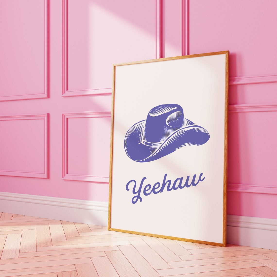 Blue Cowboy Hat Yeehaw Retro Western Script Cream Art Poster - Image 2
