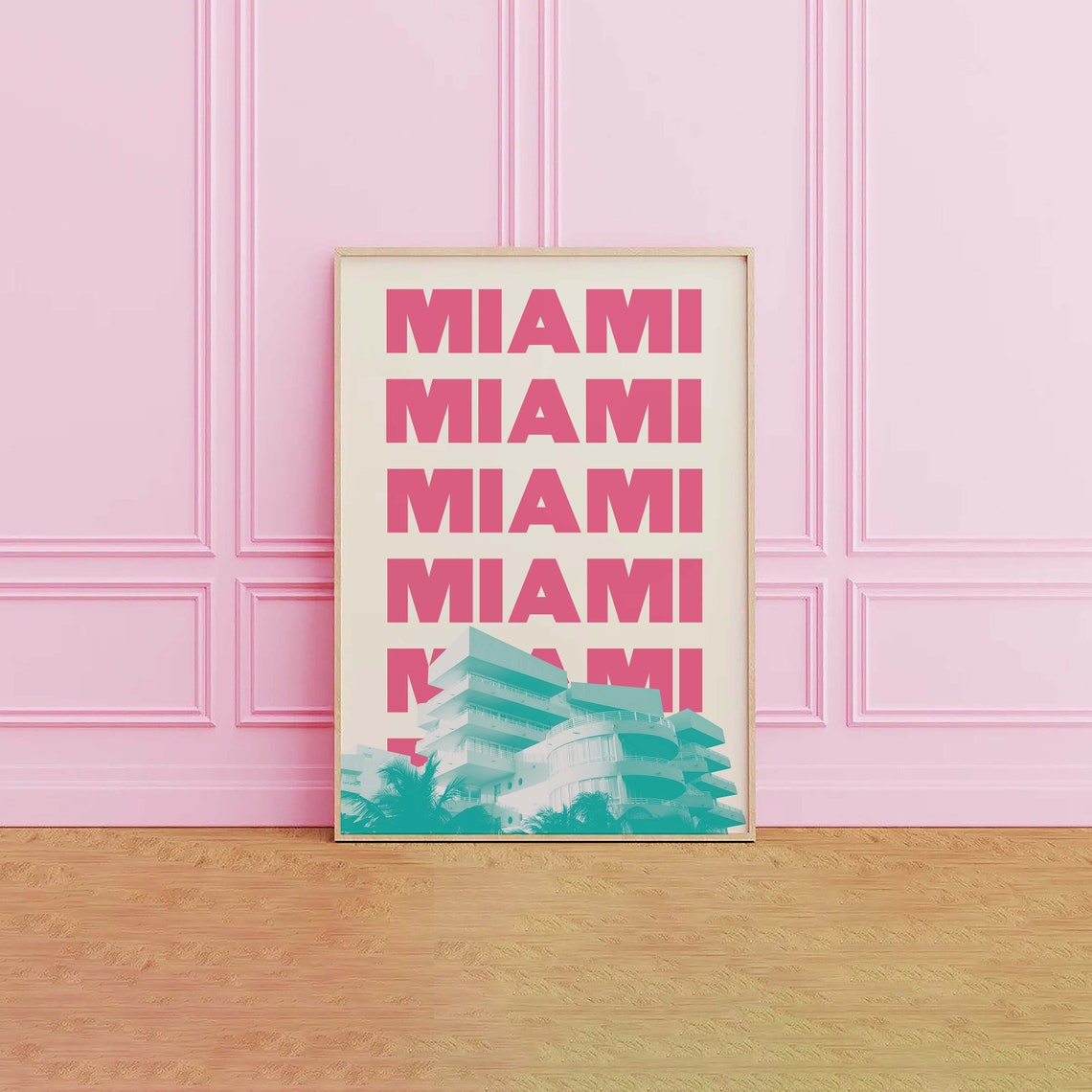 Miami Beach Pink Retro Typography Art Deco Building Travel Poster - Image 2