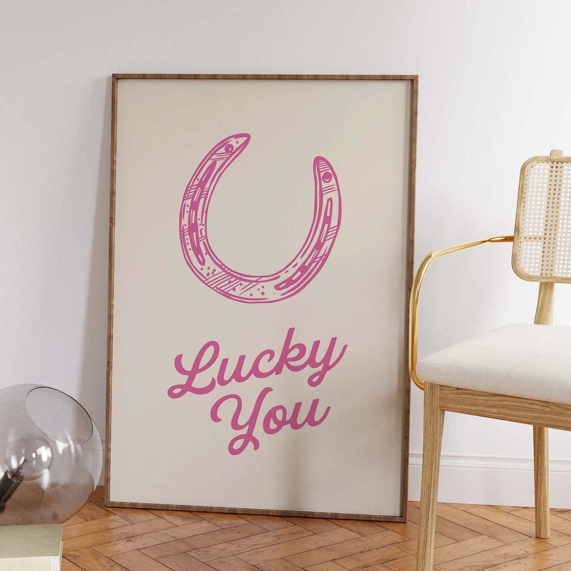 Lucky You Pink Horseshoe Good Luck Western Script Art Poster - Image 4