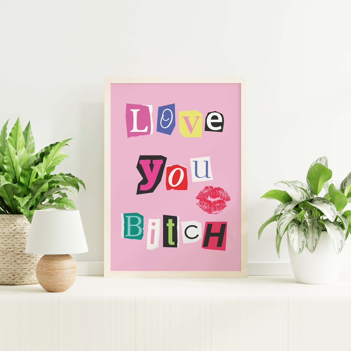 Love You Bitch Ransom Note Letters Lipstick Kiss Pink Wall Art - Image 5