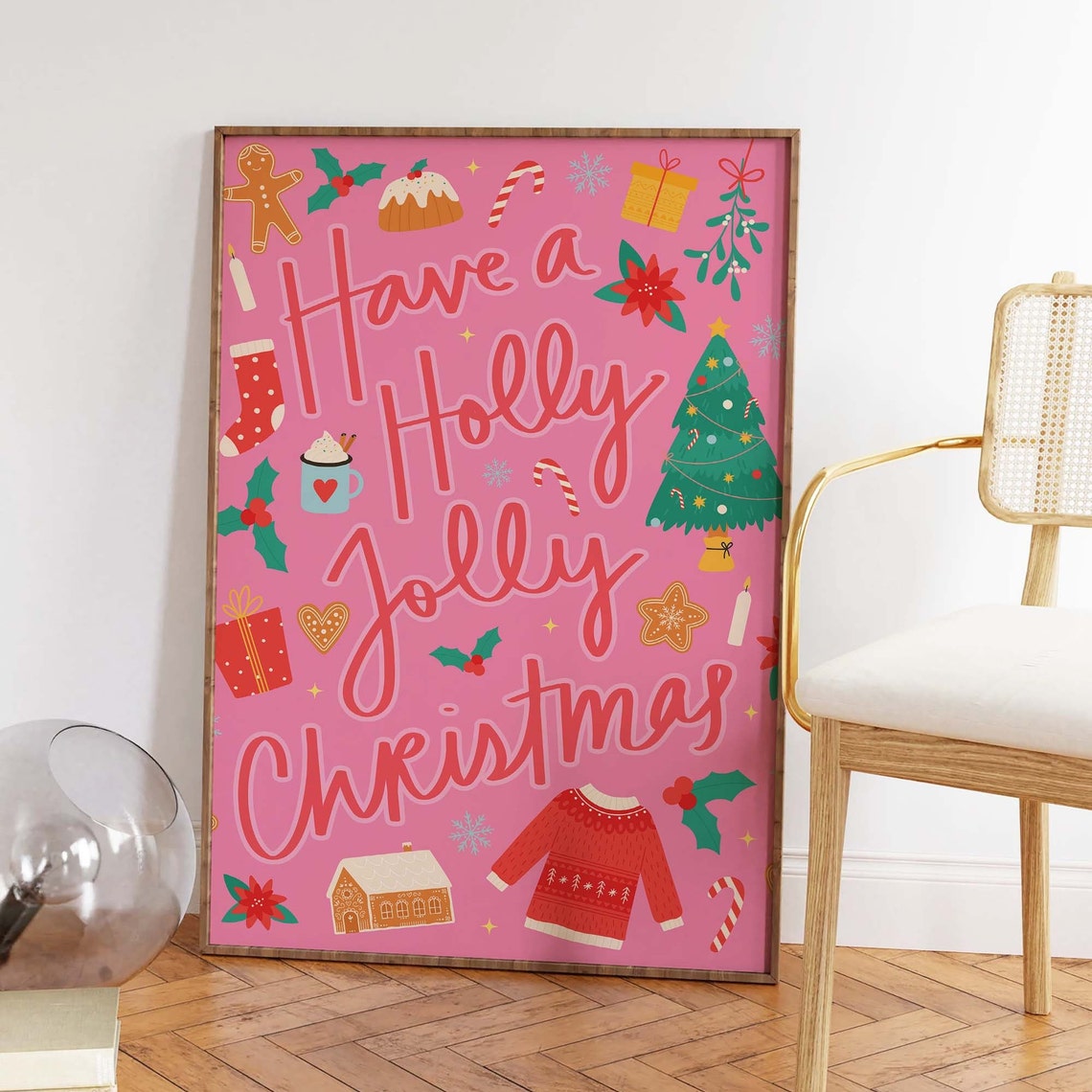 Pink Christmas Print Art Colorful Christmas Decor Cute Holiday Illustrations Wall Art - Image 2