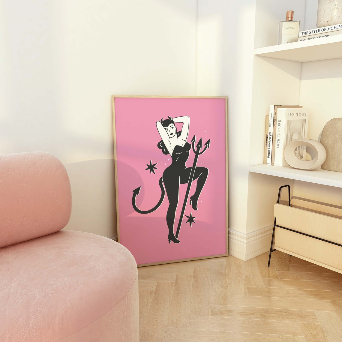 Pin Up Devil Girl Trident Pink Cute Retro Halloween Art Poster - Image 4