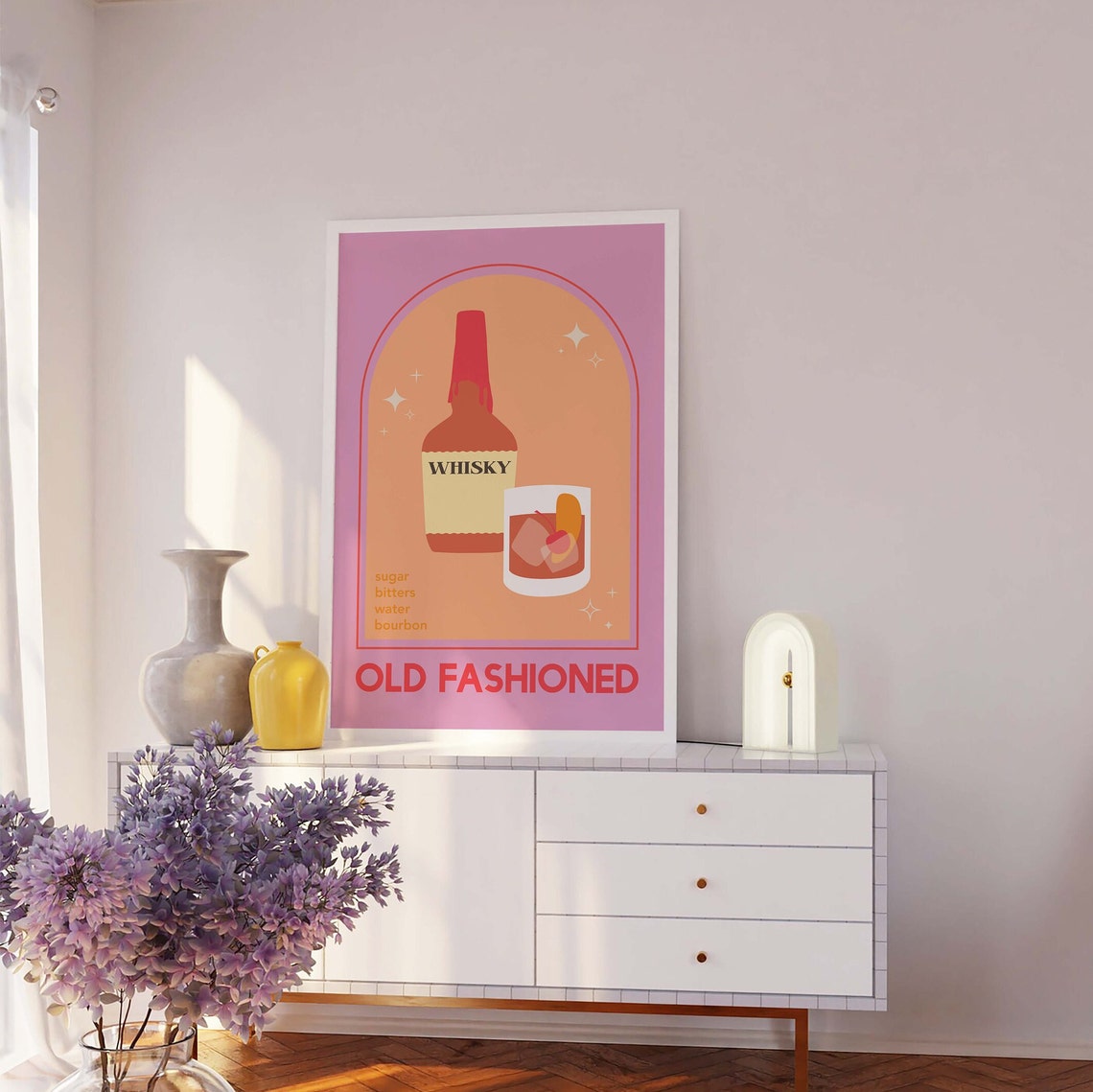 Old Fashioned Cocktail Print Art Cute Pink Bourbon Cocktail Bar Art Kitchen Wall Art - Image 4