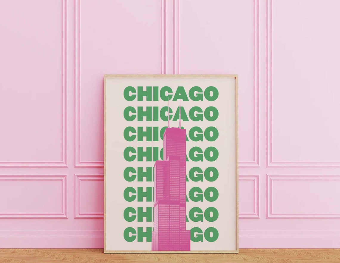 Chicago Willis Tower Pink Green Bold Skyline Graphic Art Poster - Image 6