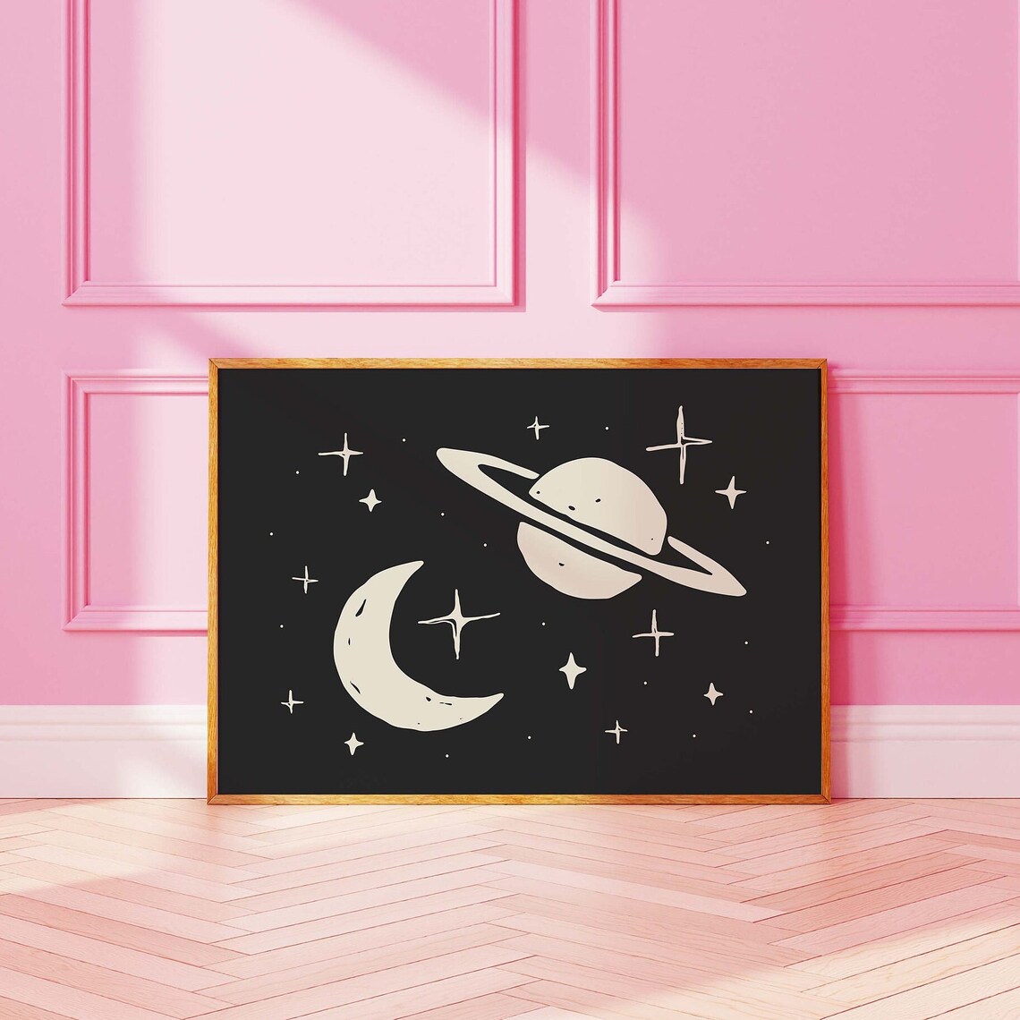 Black Outer Space Illustration With Saturn Moon And Stars Wall Decor Poster - Image 4