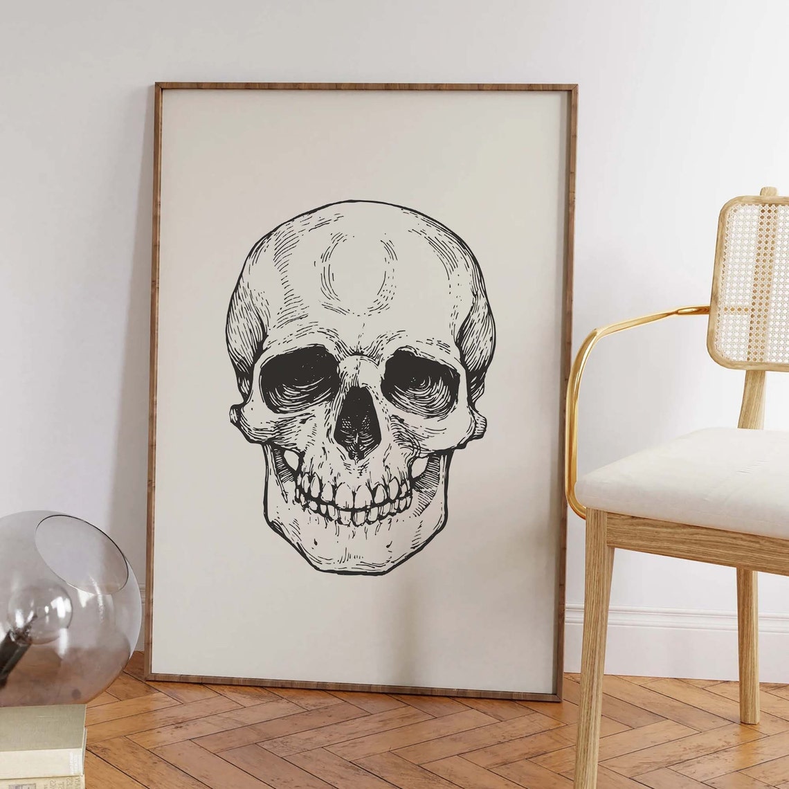 Hand Drawn Skull Line Art Minimal Halloween Cream Art Poster - Image 3