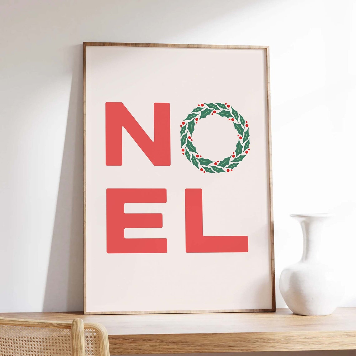 Noel Red Block Letter Holly Wreath O Classic Christmas Word Wall Print - Image 2
