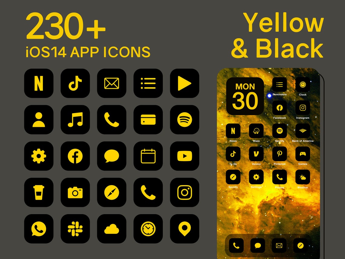 Yellow Black iOS 14 App Icon Pack 230 Plus Minimal Icon Set Print