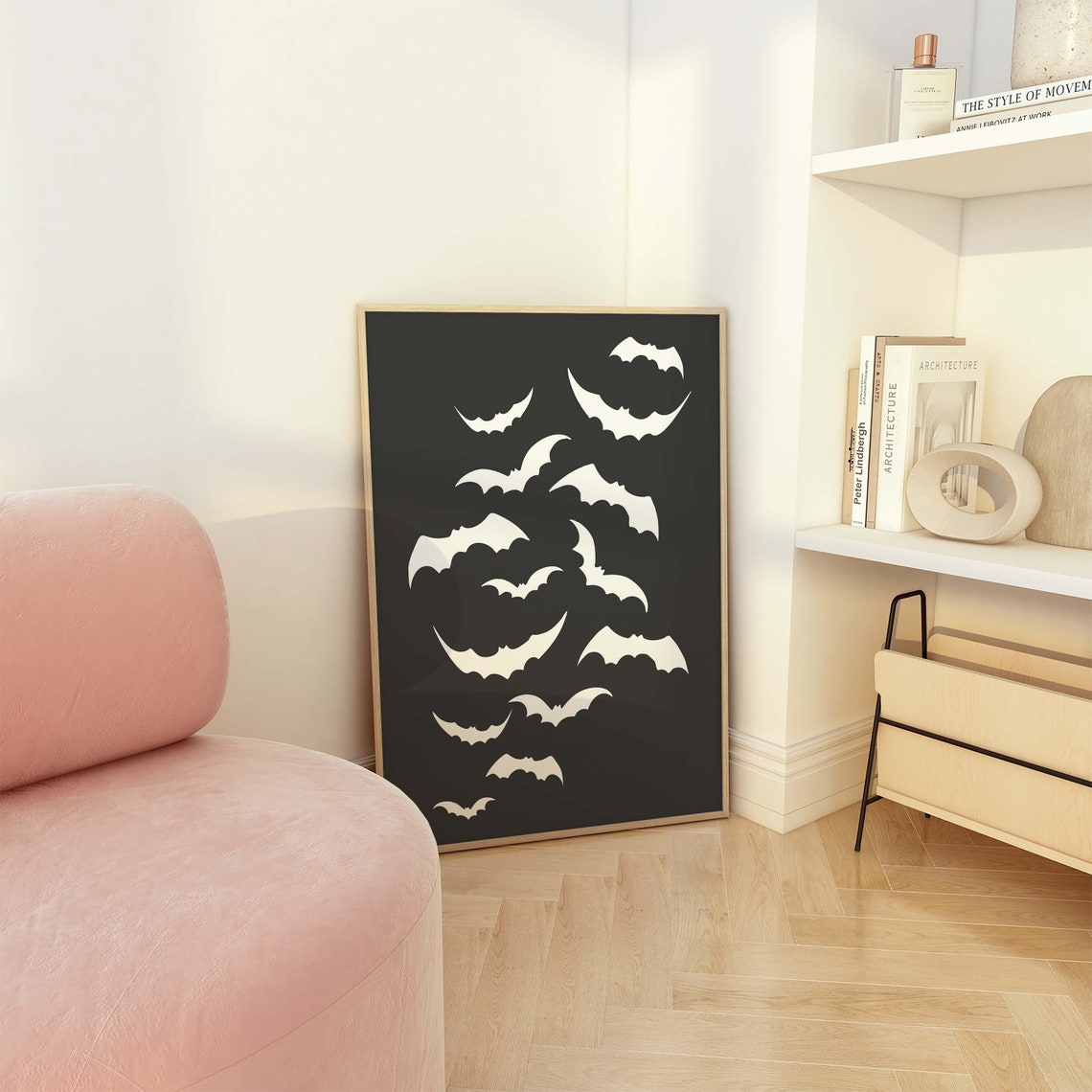 Flying Bat Silhouettes Minimal White on Black Halloween Poster - Image 3