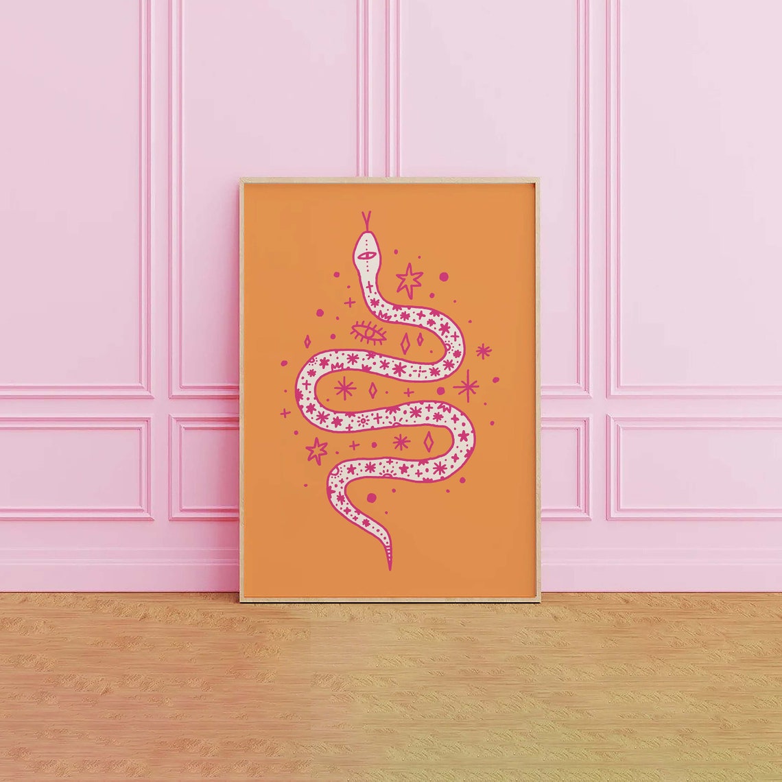 Pink Celestial Snake Illustration Orange Boho Serpent Wall Print - Image 3