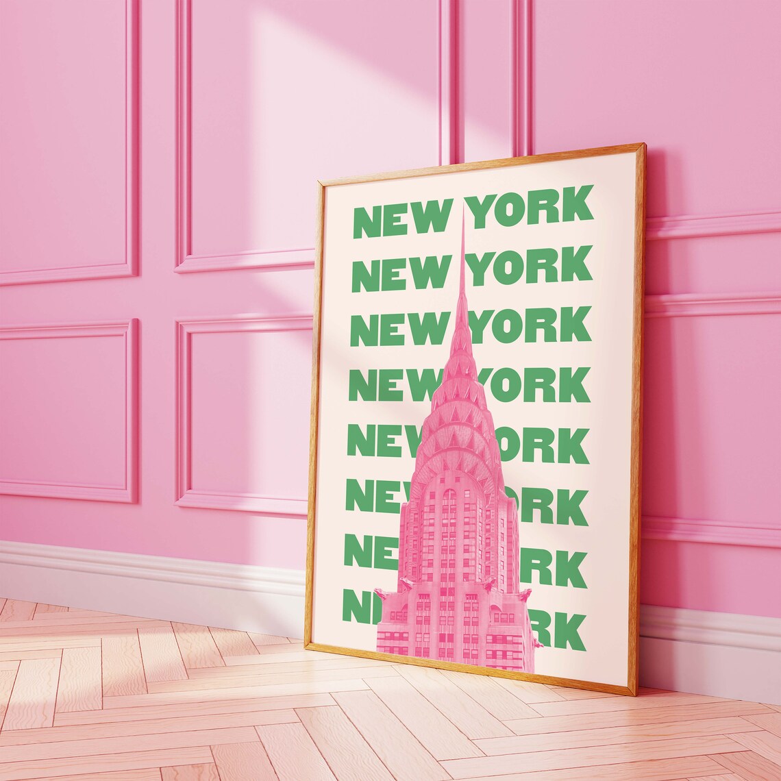 New York Chrysler Building Pink Green Retro Travel Text Poster - Image 5