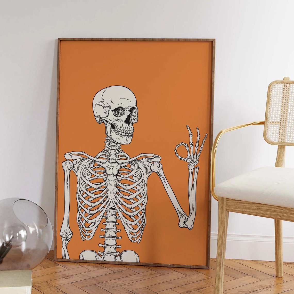 Gothic Skeleton OK Hand Gesture Orange Background Art Poster - Image 6