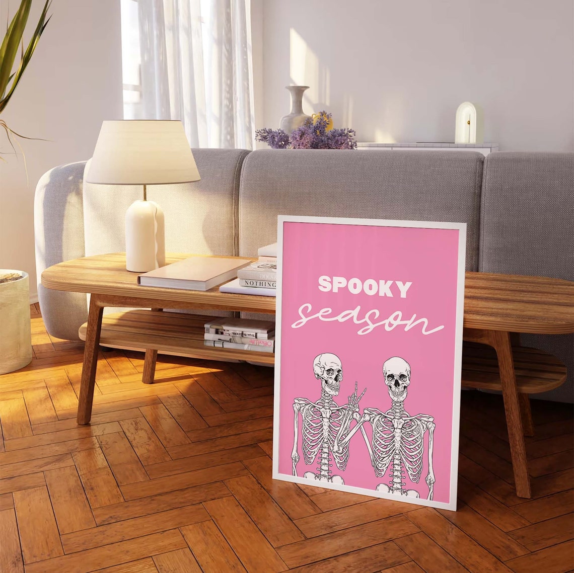Spooky Season Skeleton Print Art Cute Pink Halloween Wall Decor Trendy Halloween Wall Art - Image 7