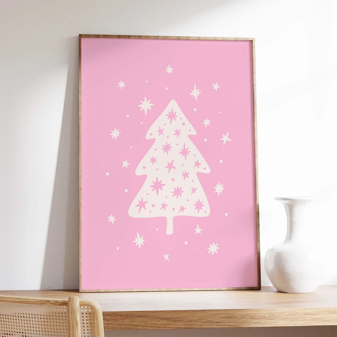 White Christmas Tree on Pink Starry Retro Holiday Cute Poster - Image 4